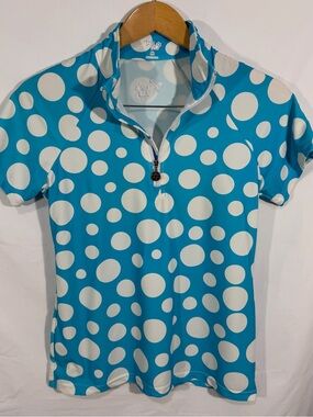 Tzu Tzu‎ Aqua Polka Dot Short Sleeve Zip Golf Top